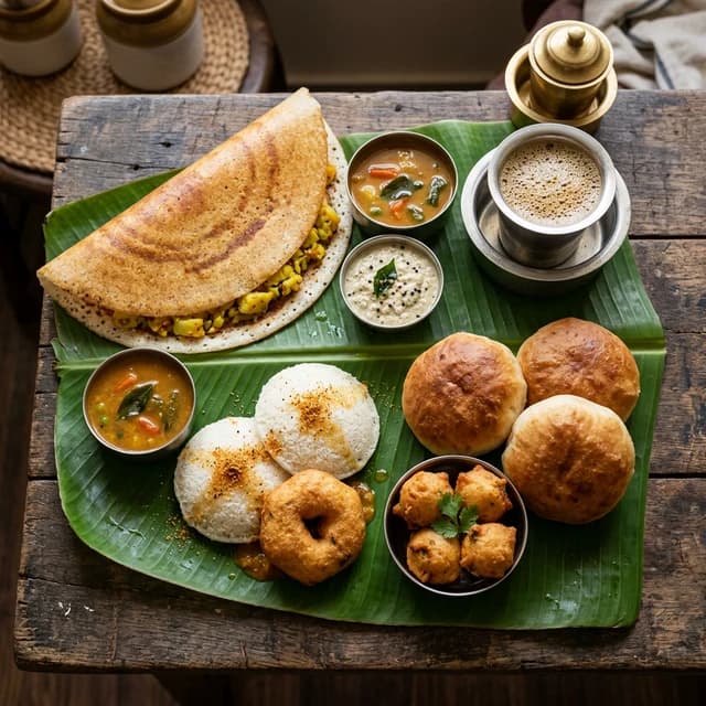 Traditional Udupi cuisine including Masala Dosa and Mangalore Buns on banana leaf